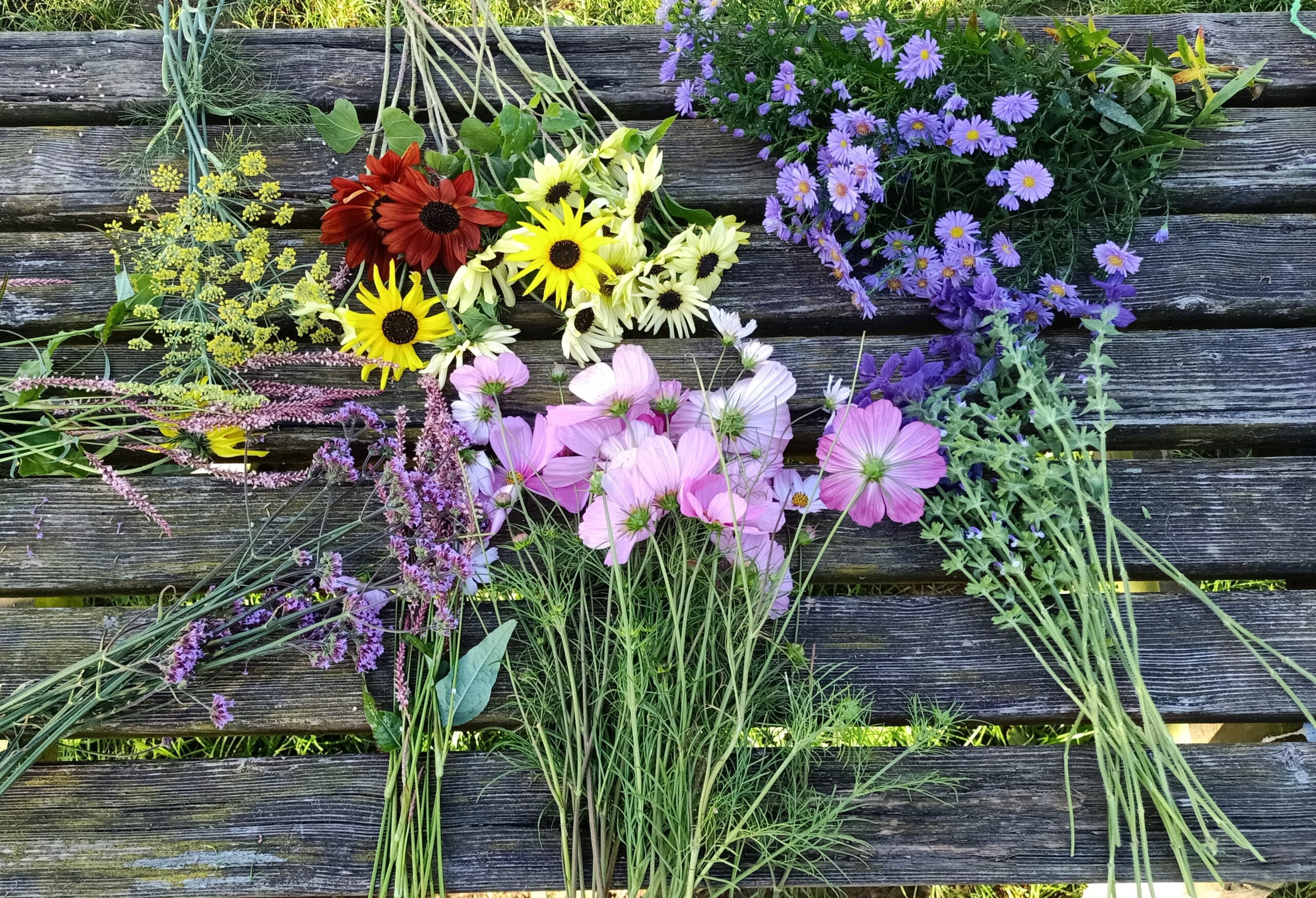 Verschillende soorten bloemen gelegen op een houten ondergrond